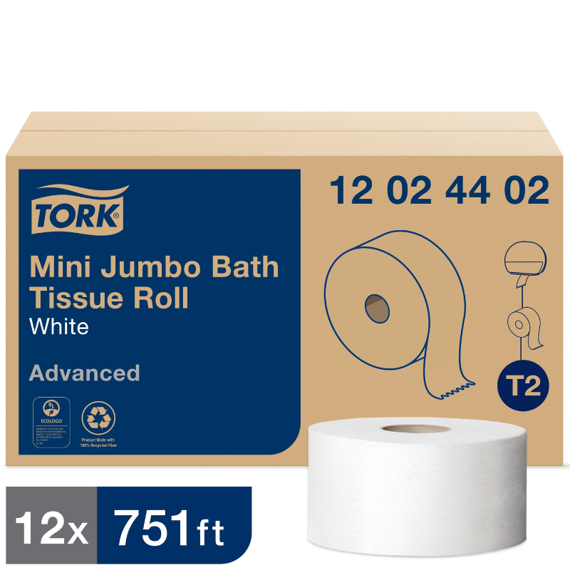 Tork Advanced Mini Jumbo Bath Tissue Roll, 2 Ply, 751', White