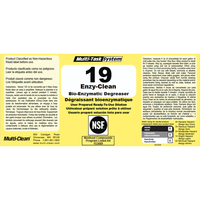 Multi-Clean Enzy-Clean Secondary Safety Label