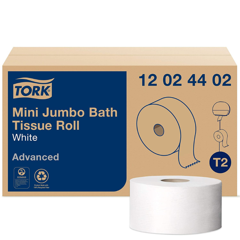 Tork Advanced Mini Jumbo Bath Tissue Roll, 2 Ply, 751', White