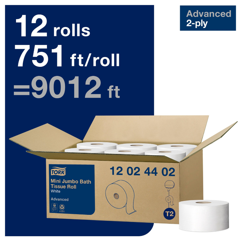 Tork Advanced Mini Jumbo Bath Tissue Roll, 2 Ply, 751', White